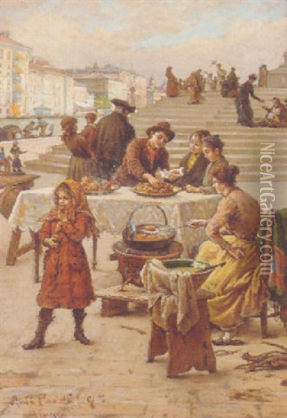 A Venetian Food Stall Oil Painting - Antonio Ermolao Paoletti