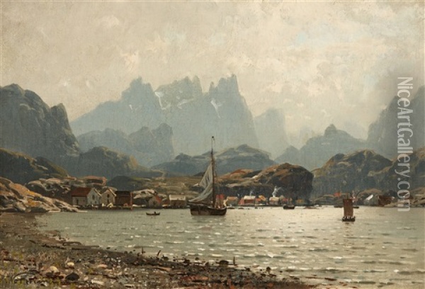 View Of A Village In The Fjords Oil Painting - Adelsteen Normann