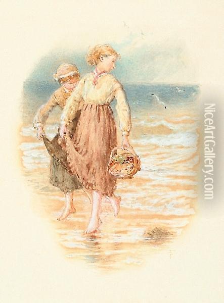 Two Girls Paddling In The Sea Oil Painting - Myles Birket Foster