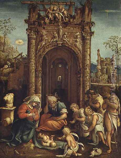 Adoration of the Shepherds, c.1530 Oil Painting - Amico Aspertini