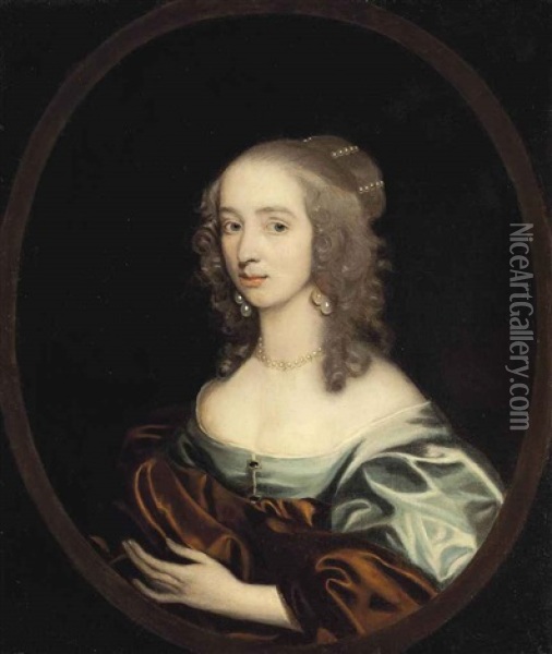 Portrait Of A Lady, Bust-length, In A Blue Dress With A Rust Wrap, Wearing A Pearl Necklace And Earrings, In A Painted Oval Oil Painting - John Hayls