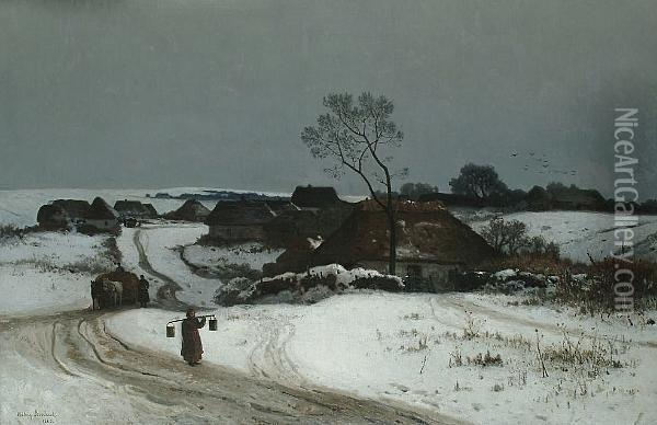 A Figure In An Extensive Winter Landscape, A Village Beyond Oil Painting - Walery Brochocki