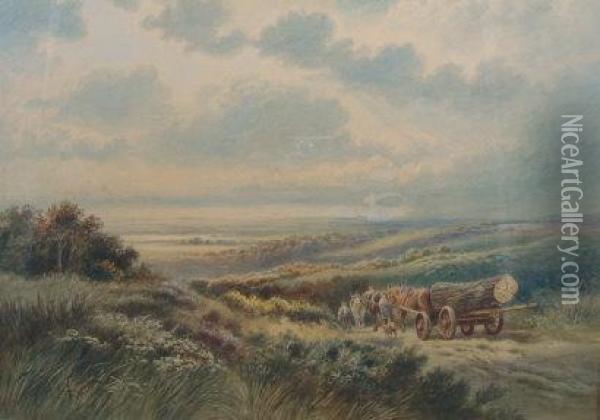 An Extensive View Of The South Downs With Loggers Removing A Trunk By Horse Drawn Cart Oil Painting - Edmund Morison Wimperis