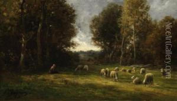 Shepherdess With Her Sheepherd In A Forest Glade Oil Painting - Jean-Ferdinand Chaigneau