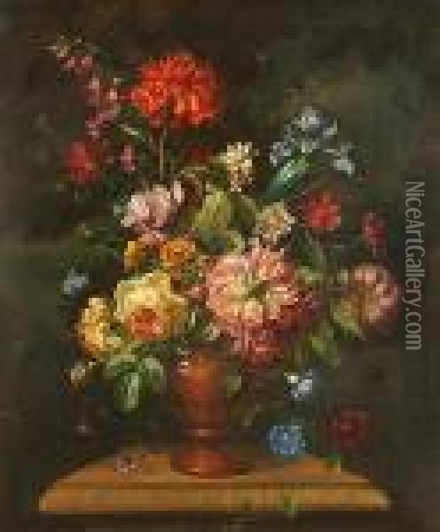 Still Life Of Flowers In A Vase Resting On A Ledge. Oil Painting - Jean-Baptiste Monnoyer