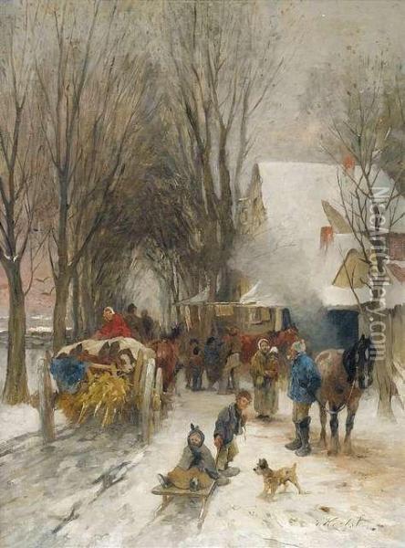 Winterliche Dorfstrase Mit Regem Treiben Vor Einer Schmiede Oil Painting - Thomas Ludwig Herbst