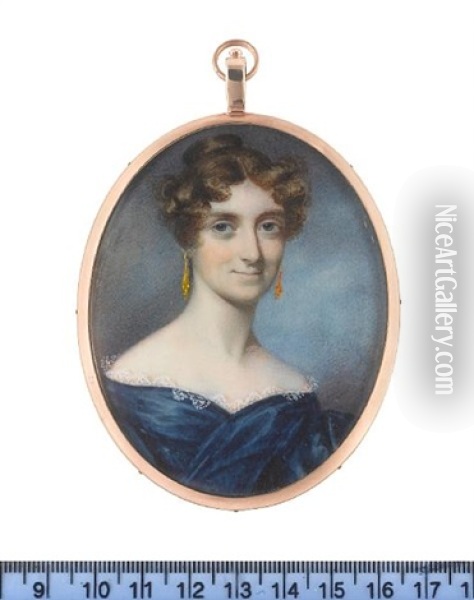 Lady Cavan, Wearing Blue Dress Trimmed With White Lace, Gold Pendent Earrings, Her Brown Hair Curled And Upswept Oil Painting - George Engleheart