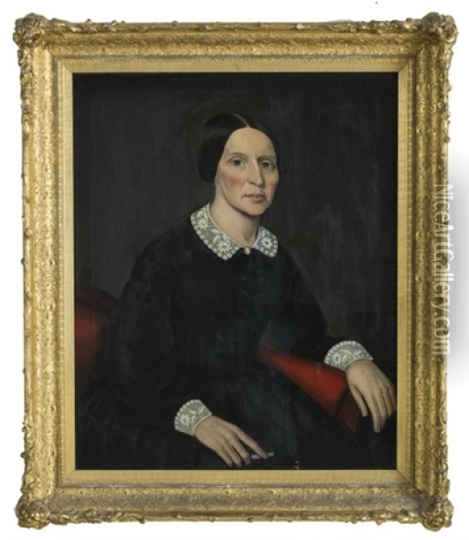 Portrait Of A Woman In A Black Dress With Lace Collar And Cuffs Oil Painting - Ammi Phillips