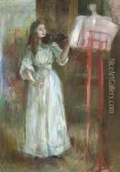Julie Manet Jouant Au Violon En Robe Blanche Oil Painting - Berthe Morisot