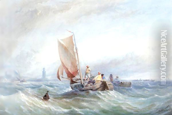 Fishing Boats In Choppy Seas Off The Coast Oil Painting - Thomas Sewell Robins