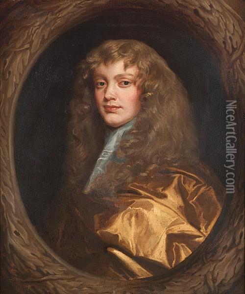 Portrait Of A Gentleman, 
Bust-length, In A Gold Robe With A White Jabot, In A Painted Cartouche Oil Painting - Sir Peter Lely