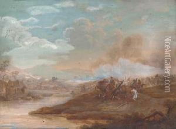 A Military Skirmish (illustrated); And In The Melee Of Battle Oil Painting - Henri-Desire Van Blarenberghe