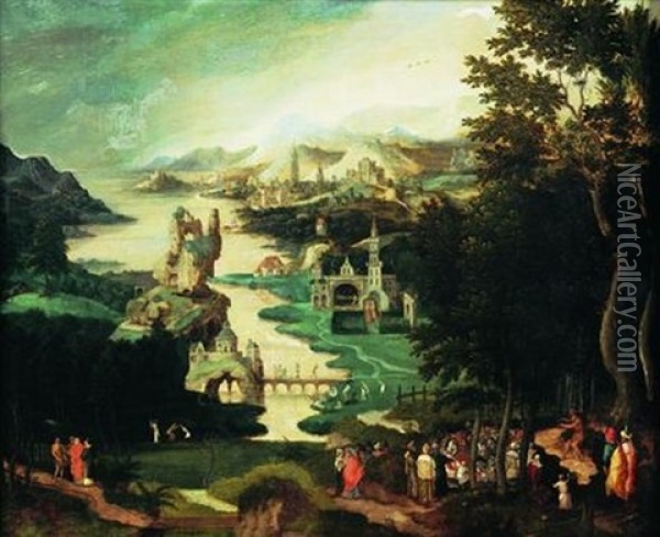 La Predication De Saint Jean Baptiste Devant Un Paysage Panoramique Oil Painting - Herri met de Bles