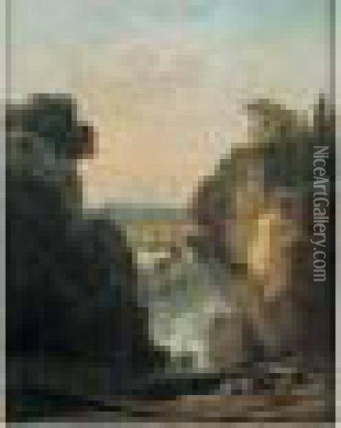 Un Dessinateur Devant Les Cascatelles Et Le Temple De Tivoli Oil Painting - Hubert Robert