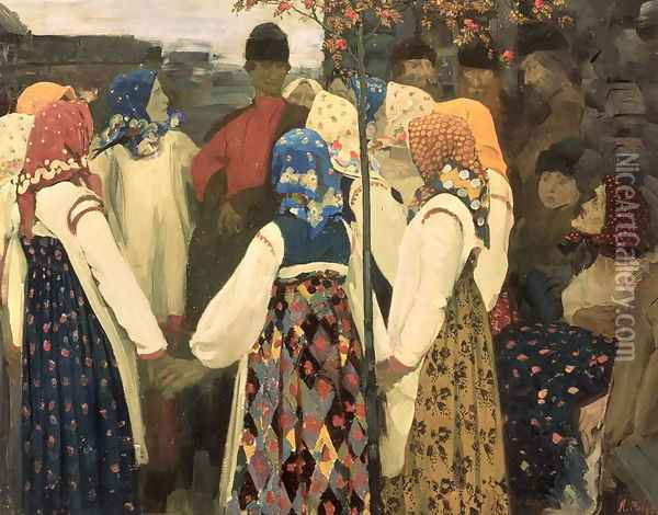 A lad has wormed his way into the girls round dance, 1902 Oil Painting - Andrei Petrovich Ryabushkin