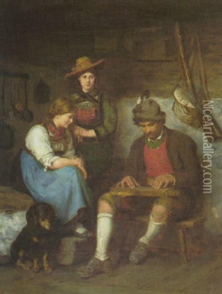 Der Zitherspieler Auf Der Alm, Dem Zwei Madchen Zuhoren Oil Painting - Franz Von Defregger