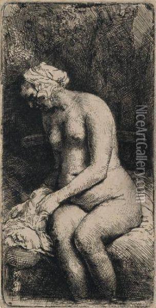 Woman Bather Her Feet At A Brook Oil Painting - Rembrandt Van Rijn