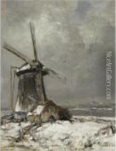 A Windmill In A Snow Covered Landscape Oil Painting - Louis Apol