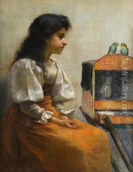 Young Girl With Budgerigars Oil Painting - Mary Helen Carlisle