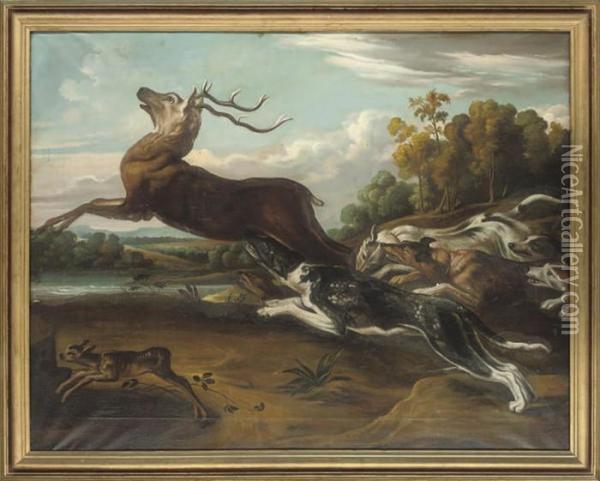 Hounds Hunting A Deer And Fawn In A Wooded Landscape Oil Painting - Frans Snyders