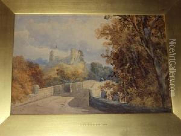 Castle Ruins On A Hilltop, With Figures On A Stone Bridge Before Oil Painting - Thomas Miles Richardson