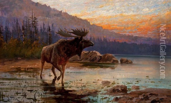 Moose On Jackson Lake Oil Painting - John Fery