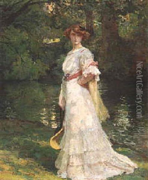 An Elegant Lady By A Riverbank Oil Painting - Paul Albert Laurens