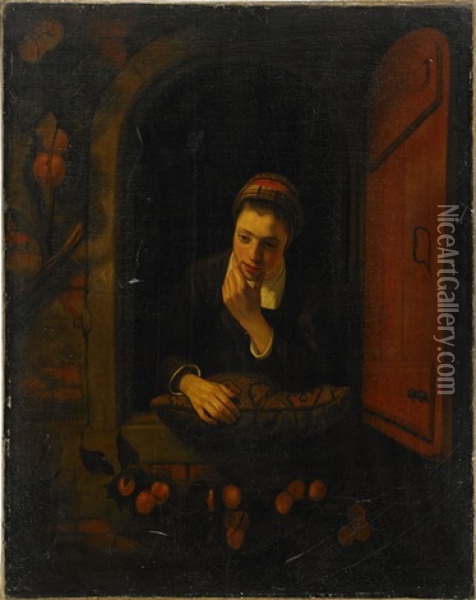 Ung Kvinna I Fonsteroppning Oil Painting - Nicolaes Maes