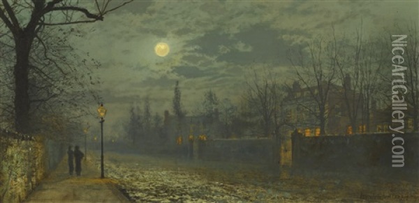 A Moonlit Walk Oil Painting - John Atkinson Grimshaw