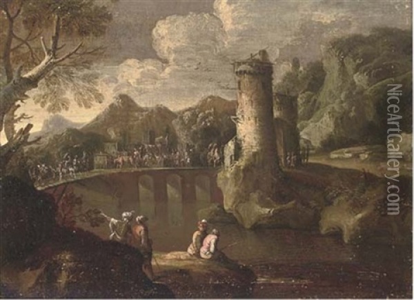 A Mountainous Landsape With A Caravan Crossing A Turretted Bridge, Anglers In The Foreground Oil Painting - Jan de Momper