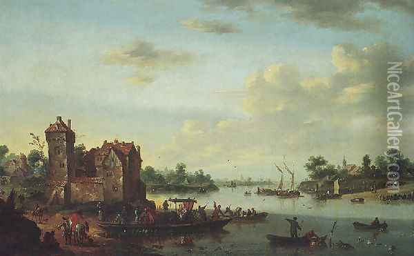 River landscape with an elegant couple in a carriage on a ferry Oil Painting - Johann Baptiste Bouttats