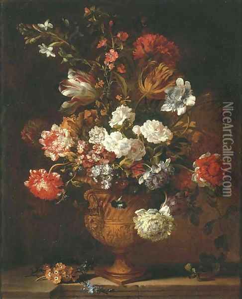 Parrot tulips, chrysanthemums, primroses, morning glory and other flowers in a sculpted urn on a stone ledge Oil Painting - Jean-Baptiste Monnoyer