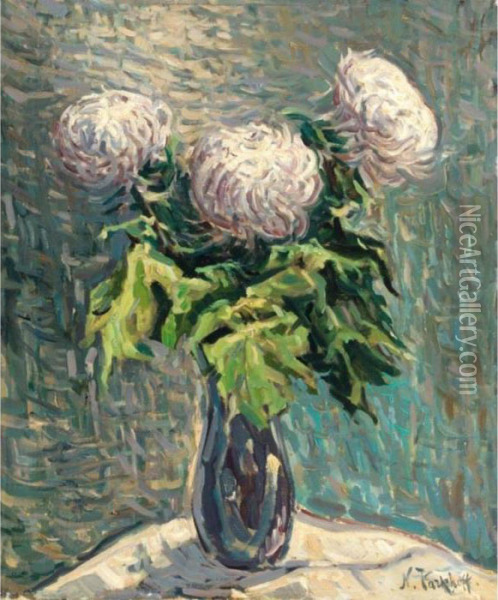 Still Life With White Chrysanthemums Oil Painting - Nikolai Aleksandrovich Tarkhov
