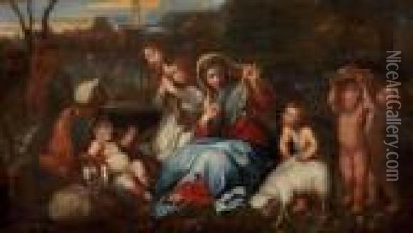Vierge A L'enfant Dans Un Paysage Avec Saint Jean-baptiste Oil Painting - Sebastian Bourdon