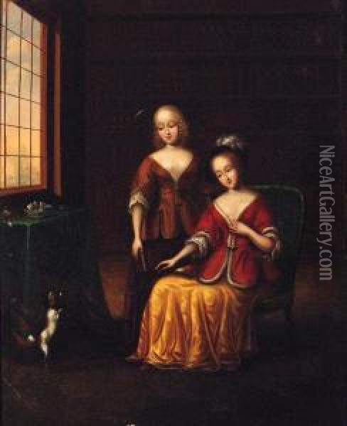 Elegant Ladies With A Toy Spaniel In An Interior Oil Painting - Frans van Mieris