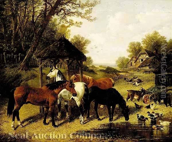 Horses Ina Barnyard Oil Painting - John Frederick Herring Snr