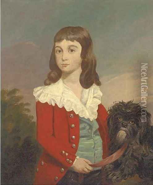 Portrait of a boy, half-length, in a red jacket, a dog by his side Oil Painting - Daniel Gardner