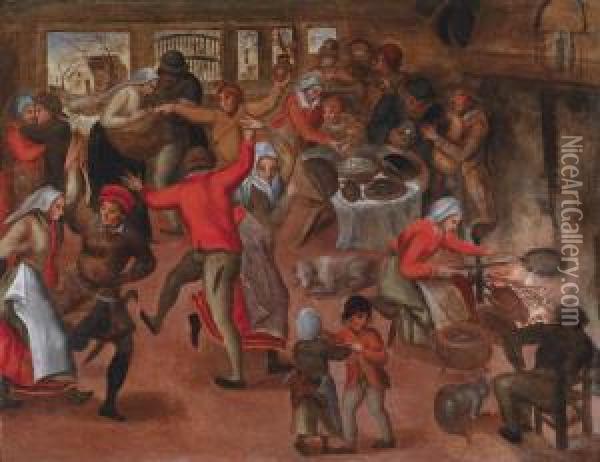 Peasant Dance In A Tavern Oil Painting - Marten Van Cleve