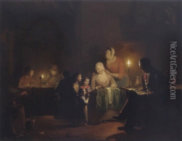 Familienidylle Bei Kerzenlicht Oil Painting - Johannes Rosierse