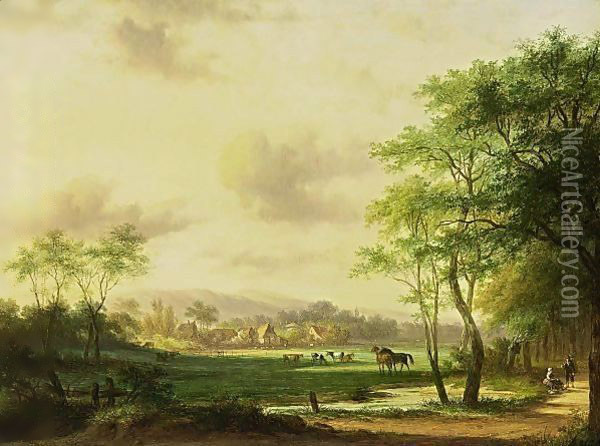 Travellers In A Wooded Summer Landscape Oil Painting - Jan Evert Morel