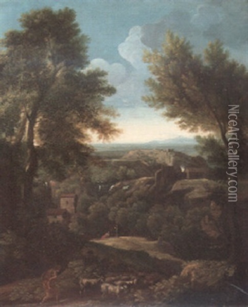 An  Italianate River Landscape With A Goatherd Oil Painting - Gaspard Dughet