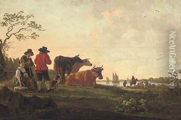 A river landscape with a drover, his cattle and other figures Oil Painting - Aelbert Cuyp