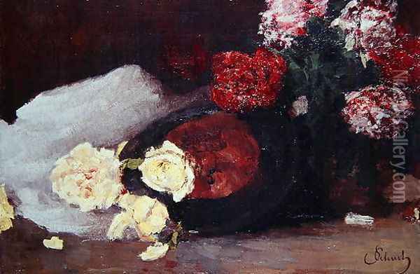 Still Life with Tea Roses, c.1885 Oil Painting - Carl Schuch