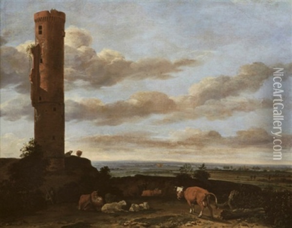 A Shepherd With Cattle And Sheep By A Tower In A Landscape Oil Painting - Anthonie Van Borssom