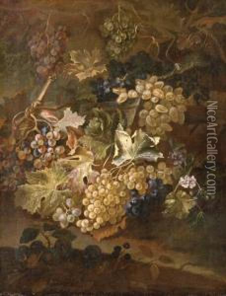 Grapes On The Vine And Blackberries On A Stone Ledge Oil Painting - Maximillian Pfeiler