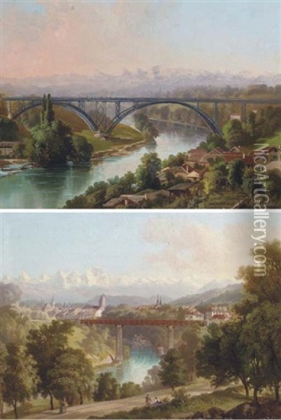 View Of Berne Towards The Alps (+ View Of The Railway Bridge, Bern; Pair) Oil Painting - Carl Fuchs