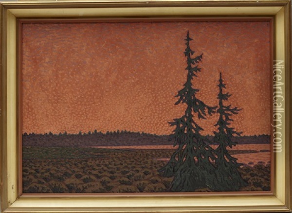 Solnedgang I Myrlandskap Oil Painting - Olof Thunman