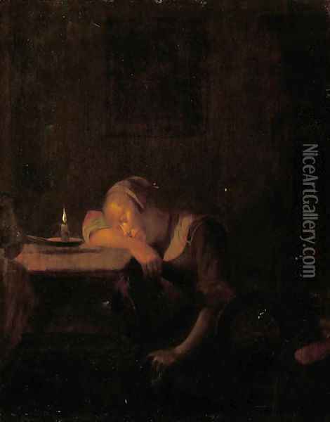 A young girl asleep in an interior by candlelight Oil Painting - Godfried Schalcken