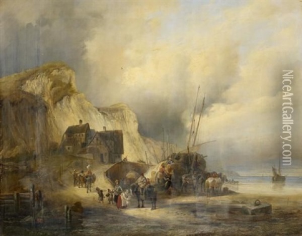 Erinnerung An Die Normandie. Fischerfamilien Am Strand Bei Den Booten Oil Painting - Henri-Ambros Eckert