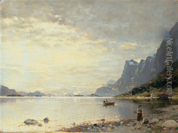Norwegische Fjordlandschaft Mit Fischerboot Oil Painting - Georg Anton Rasmussen